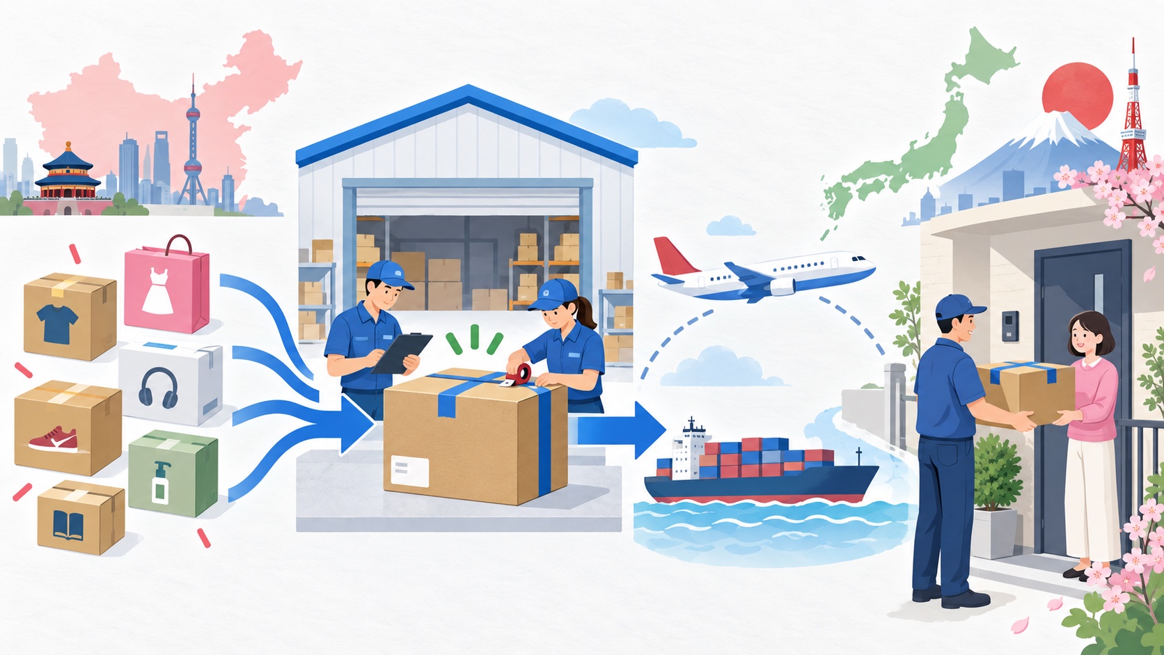 中国の複数の買い物荷物を倉庫で一箱にまとめ、日本の住宅へ配送する流れ