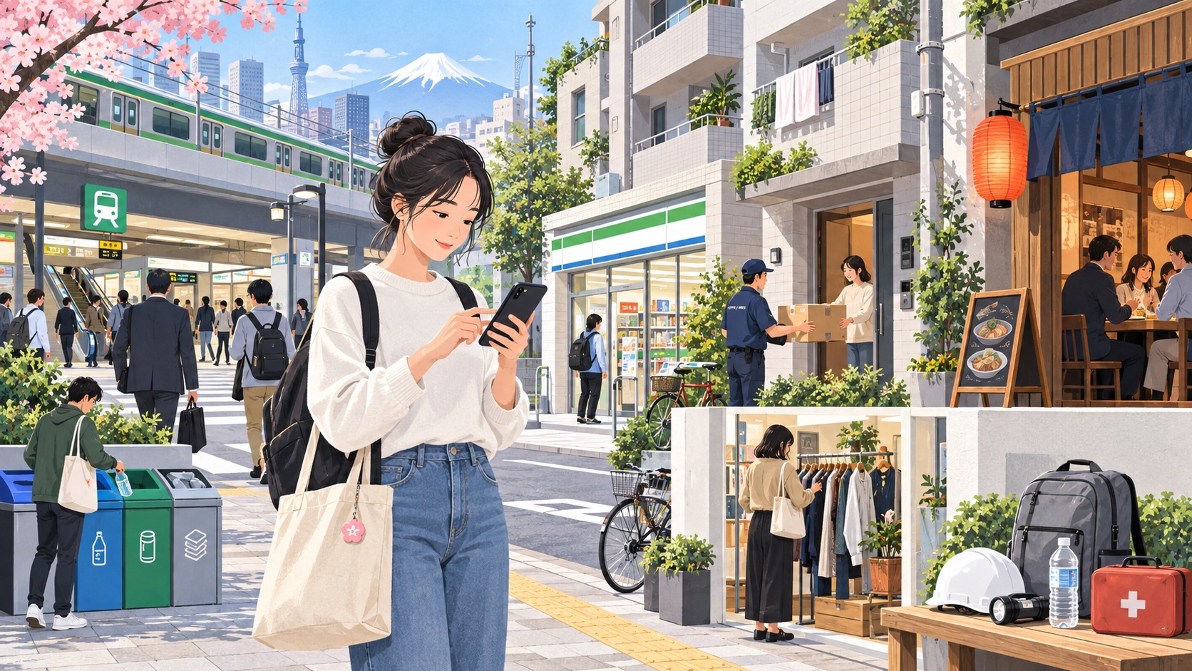 東京の街でスマートフォンを使い、交通、住まい、飲食、防災、荷物受取を管理する利用者