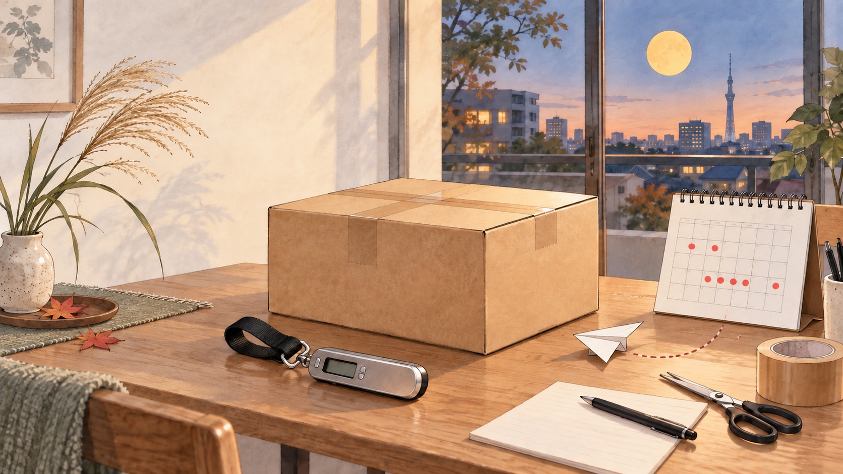 秋の日本の住宅で、発送待ちの箱、荷物用スケール、二つの連休を示すカレンダーが置かれ、窓の外に満月と東京の街並みが見える様子