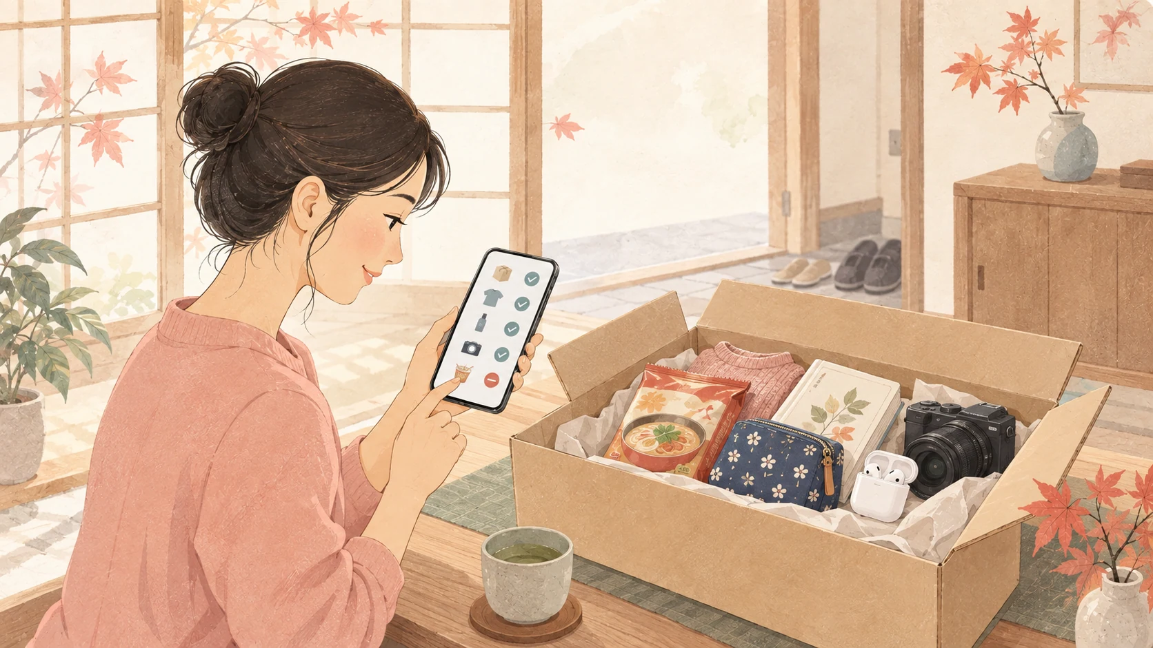 日本の秋の住まいで、食品、衣類、書籍、イヤホン、カメラの発送条件をスマートフォンで確認する様子