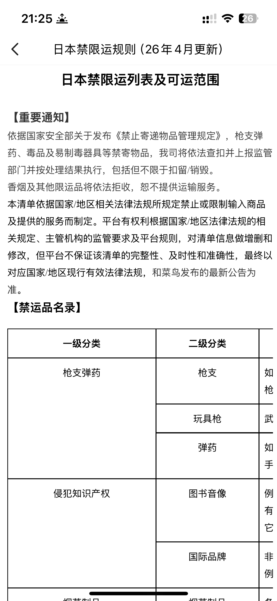 中国語版の菜鳥アプリに表示された、日本向け禁制・制限品規則の重要通知と禁止品一覧