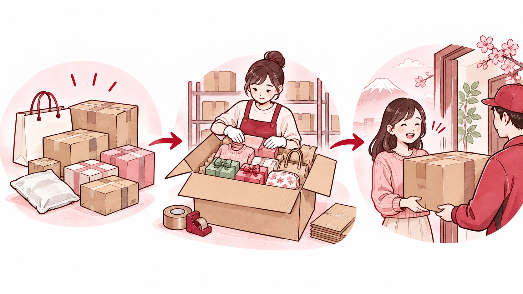 中国の複数の買い物荷物を倉庫で一箱にまとめ、日本の住宅へ配送する流れ