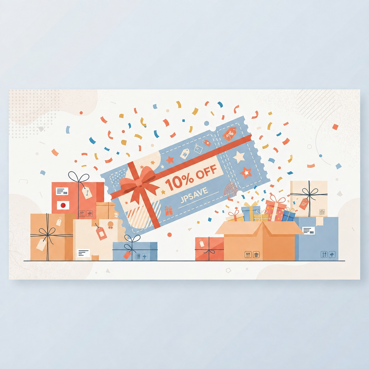 日本向け配送キャンペーンのイラスト:10% OFFとJPSAVEのクーポン