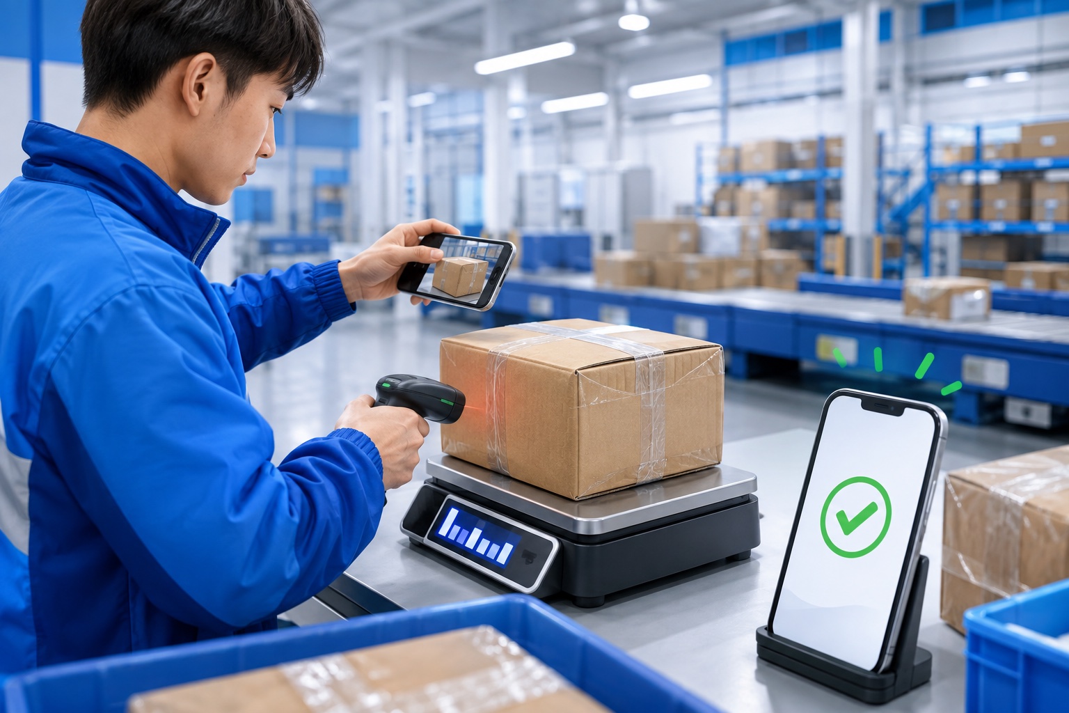 倉庫で荷物をスキャンし、計量して入庫記録を作る流れ